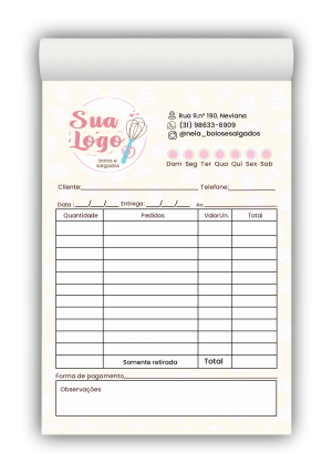 Bloco de Pedido Confeitaria M2 Papel AP75g - 50 Folhas Tamanhos 9x14cm e 20x14cm Colorido ou P&B   