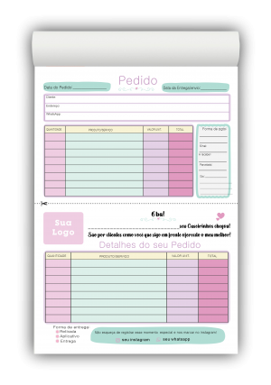 Bloco de Pedido Confeitaria M3 Papel AP75g - 50 Folhas Tamanhos 9x14cm e 20x14cm Colorido ou P&B   