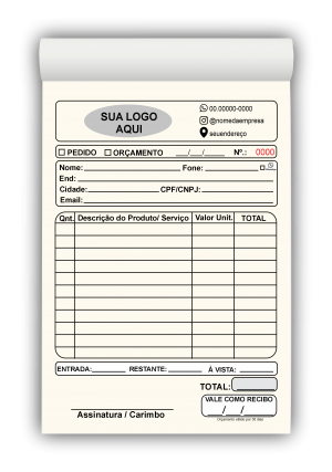 Bloco de Pedido M1 Papel AP75g - 50 Folhas Tamanhos 9x14cm e 20x14cm Colorido ou P&B   