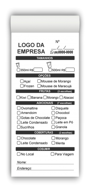 Comandas Açaí/Sorveteria M6 Papel AP75g Tamanho 20x9,5cm Colorido ou P&B   