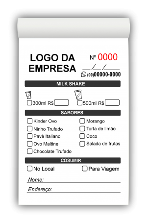Comandas Açaí/Sorveteria M7 Papel AP75g Tamanho 14x9cm Colorido ou P&B   
