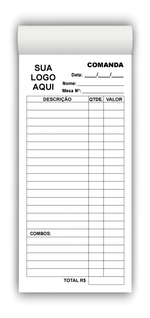 Comandas Bar M3 Papel AP75g Tamanho 20x9,5cm Colorido ou P&B   