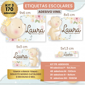 KIT 3 - ETIQUETAS ESCOLARES  - 170 ETIQUETAS Adesivo vinil a prova dágua Tamanhos P/M/G   Recortados - só destacar e colar 